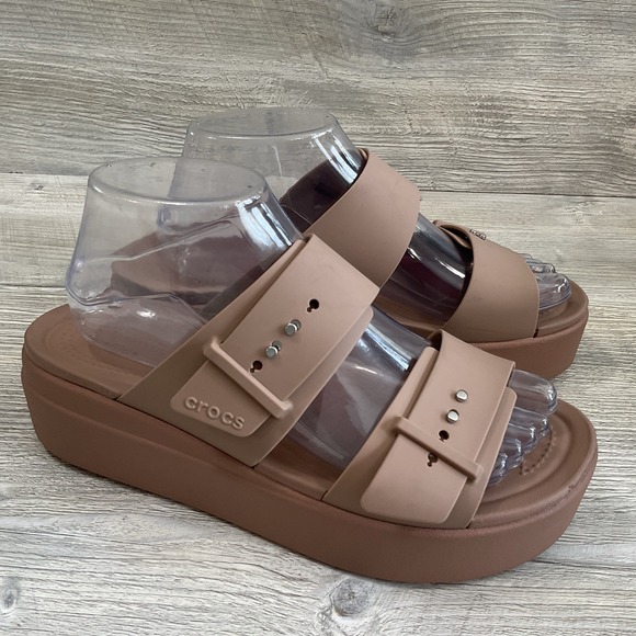CROCS Shoes - Crocs Lite Ride Beige Brooklyn Platform Sandals Mid Wedge Buckle Slide Women's 9